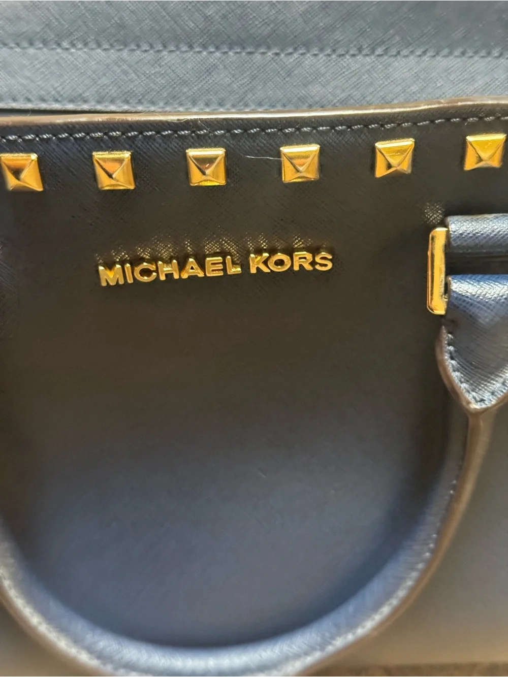 Michael Kors Navy Saffiano Leather Stud Satchel with Gold Hardware